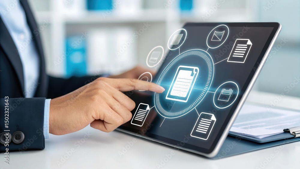 Aufkleber a person interacting with a digital tablet displaying document management icons.