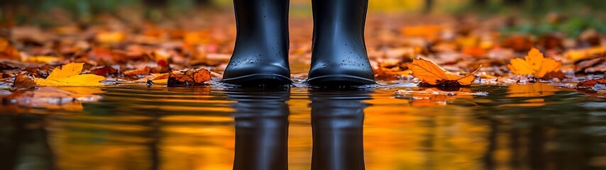 Autumn puddles, fallen leaves, and boots