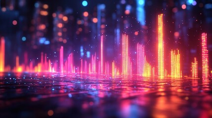 Abstract futuristic neon bar chart, glowing light effect on dark background, cyberpunk style data visualization concept. Modern technology and digital analysis design, vibrant colors