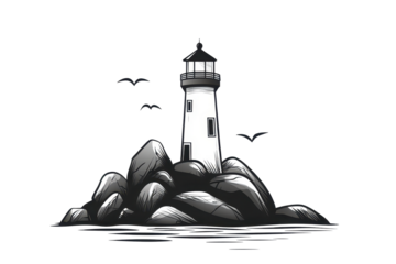 Monochromatic illustration of a lighthouse perched atop dark, rocky outcrop, birds in flight, subtle water reflection