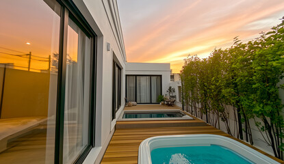 Fototapeta premium Modern luxurious outdoor patio deck with swimming pool and jacuzzi bathed in golden hour light
