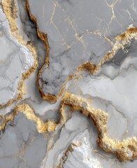 Abstract grey and gold marble texture; swirling patterns, cracks, and crevices filled with metallic gold veins, creating a luxurious and elegant effect