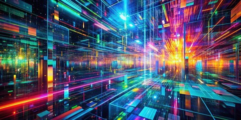 Vibrant multicolored background distorted by futuristic LED screen glitch, fragmented code, and swirling digital errors, evoking a sense of technological chaos and disorder.