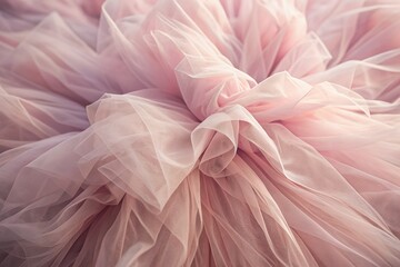 Soft pink tulle ballet tutu fabric fills the frame, showcasing intricate layers and delicate textures in a beautiful, dreamy, and romantic close-up artistic background.