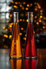 Two glass bottles, amber and red, on a wooden surface, Christmas lights in the background