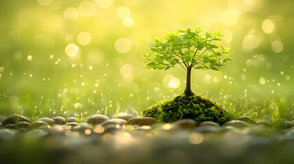 Serene young tree amidst rain-kissed stones and vibrant green bokeh.  Nature's tranquility captured in a breathtaking image.