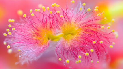 Obraz premium Vibrant close-up of a pink flower with yellow stamens, showcasing intricate details and delicate texture. Perfect for backgrounds, websites, or designs needing a touch of nature's beauty.
