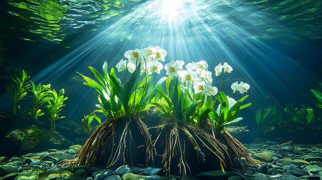 Underwater serenity sunbeams illuminate vibrant white orchids flourishing on the riverbed, showcasing their roots and surrounding aquatic plants.
