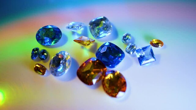 gemstones on a white table in multicolor illumination