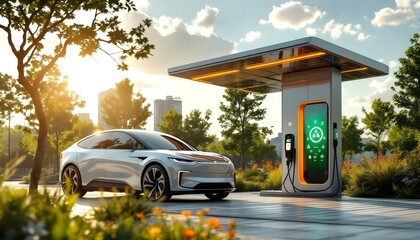 Fototapeta premium Electric car charging station with sleek design and green energy symbols .