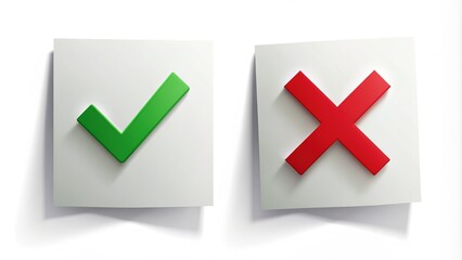 Obraz premium Green checkmark and red X symbols on separate paper sheets with subtle shadow effects on a pristine white background, conveying approval and rejection concepts.