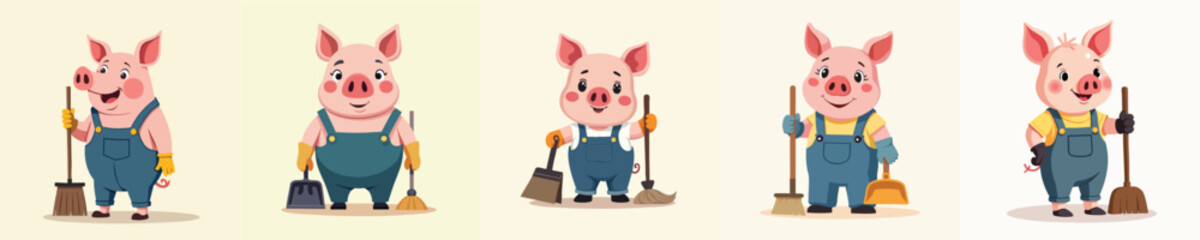 Cute Flat Vector Pig Janitor Character in Overalls Holding Broom and Shovel – Clean Cartoon Design