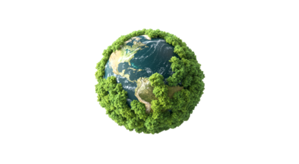 Green Planet Earth Surrounded by Lush Forest, 3D Render isolated on transparent background