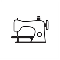 A logo featuring a black and white vector silhouette of a sewing machine. Emphasize geometric shapes, clean lines, balance, symmetry, and visual clarity on a white background.eps