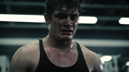 A sweaty tear-streaked man in a tank top cries with anguish in a gym appearing to struggle emotionally and physically