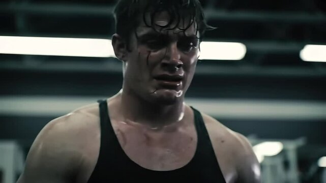 A sweaty tear-streaked man in a tank top cries with anguish in a gym appearing to struggle emotionally and physically