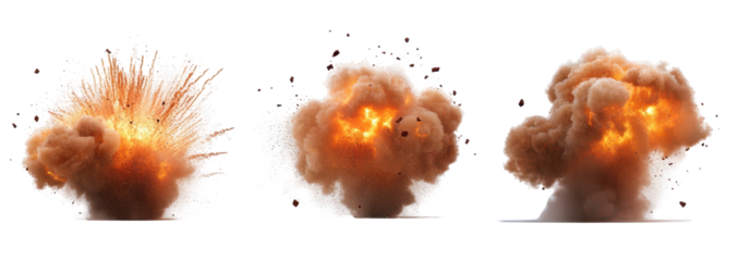 Three stages of a fiery explosion against a black background, showing initial burst, expansion, and settling smoke
