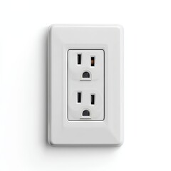 White rectangular electrical outlet with two grounded receptacles, set against a stark white background, casting a subtle shadow