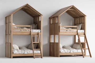 Two identical light-wood bunk beds, house-shaped, with ladders and simple bedding, against a white background