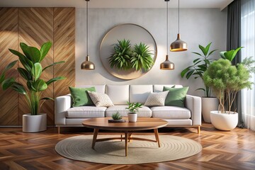Sleek modern living room with minimalist white sofa, wooden coffee table, lush indoor plants, circular wall art, and floor lamp, exuding calm sophistication.
