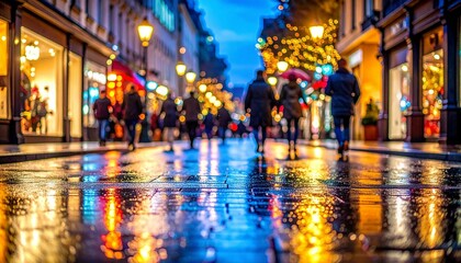 Obraz premium A bustling city street with people walking past brightly lit stores and shops. The city is alive with lights and the reflection of the light off the wet pavement creates a vibrant and dynamic scene
