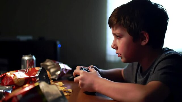 Young boy with an apparent eye injury plays video games intensely surrounded by snacks in a dim room