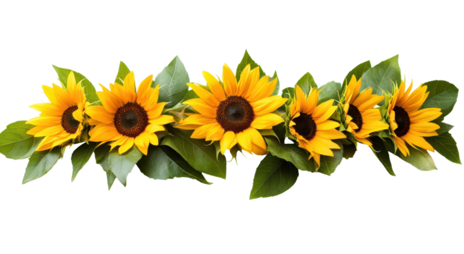 Five vibrant sunflowers arranged horizontally, interspersed with lush green leaves, against a black background