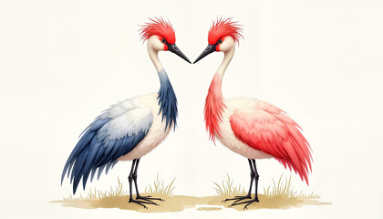 Colorful cranes displaying affection in a serene setting  
