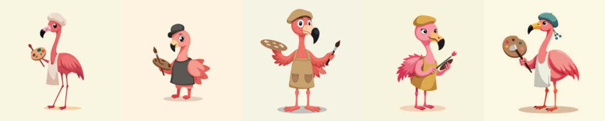 Cute Flamingo Artist Character in Flat Style Holding Brush and Palette