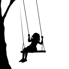 Girl on swing silhouette isolated on white background