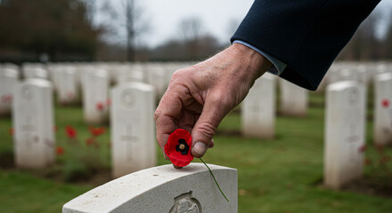 Veteran Tribute Moment – Hand Holding Red Poppy Above War Grave Headstone - Memorial Day Concept