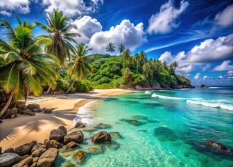 Serene turquoise waves gently roll onto a pristine sandy beach, lined with lush green palm trees and rugged rocky formations under a bright blue sky.