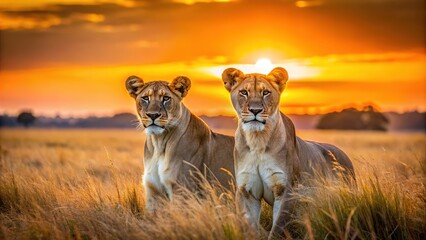 Lionesses at Dusk in the African Savannah, Two lionesses in the warm glow of the sunset in the open grasslands, lions in Kenya safari