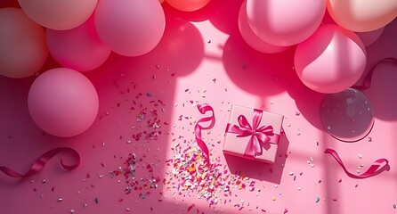 Fototapeta premium Pink Gift Box Surrounded by Balloons, Ribbon, and Colorful Confetti on a Pink Surface