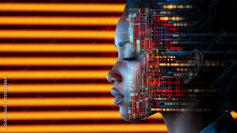Poster digital reflection: a woman's profile merges with a dynamic, futuristic data stream, symbolizing the