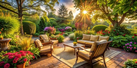 Obraz premium Warm sunlight filters through lush greenery surrounding a serene tranquil patio adorned with comfortable outdoor furniture and blooming flowers.