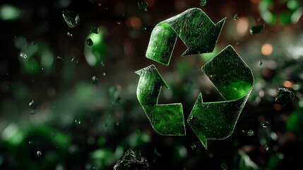 Minimalistic 3D green recycle symbol set against a softly blurred background. Clean design emphasizes sustainability, eco-awareness, and environmental responsibility with caption space on the side.

