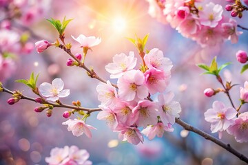 Delicate pink blossoms adorn a serene springtime background, with soft petals and gentle branches swaying in the breeze, evoking feelings of renewal and rebirth.