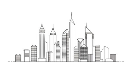 Adobe Illustrator Artwork Minimalist black and white line art illustration of a modern city skyline with various skyscrapers and buildings. Clean and simple urban landscape design