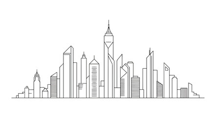 Adobe Illustrator Artwork Minimalist black and white line art illustration of a modern city skyline with various skyscrapers and buildings. Clean and simple urban landscape design