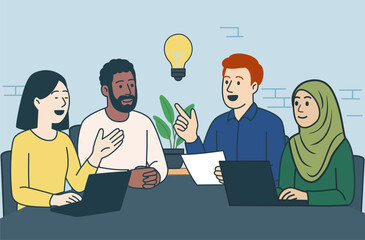 group of business people
Business Team Brainstorming Concept. Vector illustration in flat style of a group of diverse people sitting at a desk and discussing an idea. Isolated on background