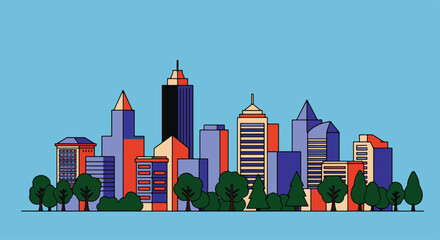 Adobe Illustrator Artwork Abstract cityscape illustration with colorful geometric buildings and trees against a white background. Modern, minimalist urban landscape for design projects