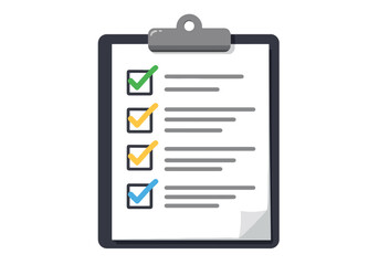 Adobe Illustrator Artwork Clipboard with a checklist and colorful checkmarks in boxes. Simple flat vector illustration for tasks, surveys, and to-do lists. Organization and planning