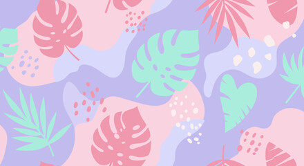 Vibrant tropical pattern with abstract shapes and dark green leaves on a colorful background. Modern design for fabrics, wallpaper, and creative projects