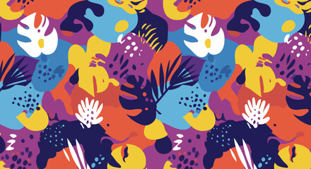 Vibrant tropical pattern with abstract shapes and dark green leaves on a colorful background. Modern design for fabrics, wallpaper, and creative projects