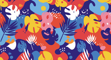 Vibrant tropical pattern with abstract shapes and dark green leaves on a colorful background. Modern design for fabrics, wallpaper, and creative projects