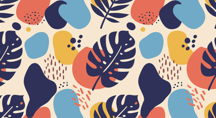 Vibrant tropical pattern with abstract shapes and dark green leaves on a colorful background. Modern design for fabrics, wallpaper, and creative projects