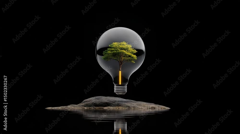 Poster lightbulb of life: a small tree flourishes within a transparent lightbulb, its reflection mirroring 