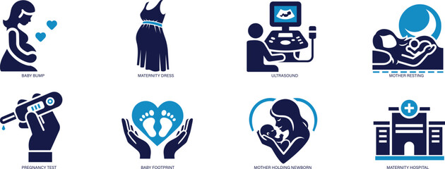 Pregnancy & Maternity Icons Baby, Mother, Prenatal Care, Ultrasound, Newborn, Stroller.