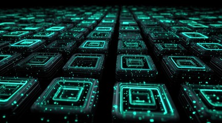 Teal glowing square matrix receding into darkness, featuring internal glowing lines and scattered particles